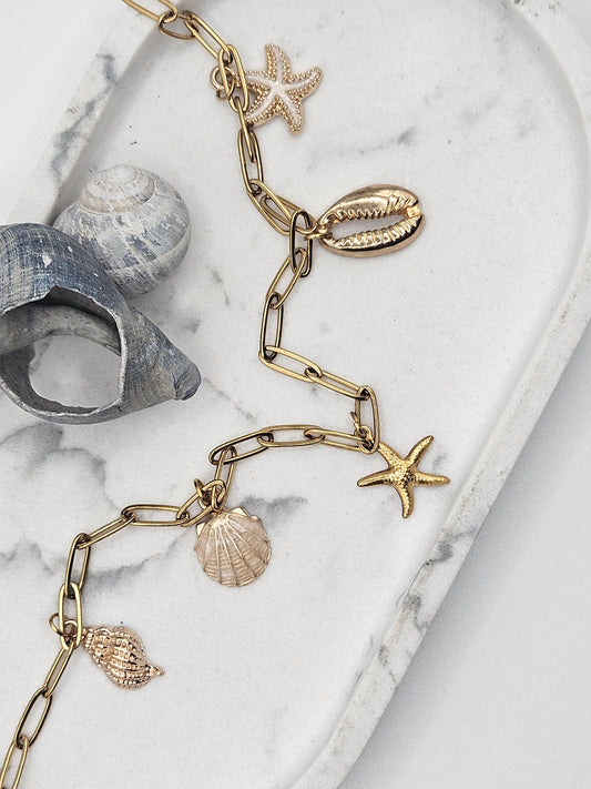 Gouden Oceaan Ketting - Stainless Steel met 5 Bedels (18 cm)