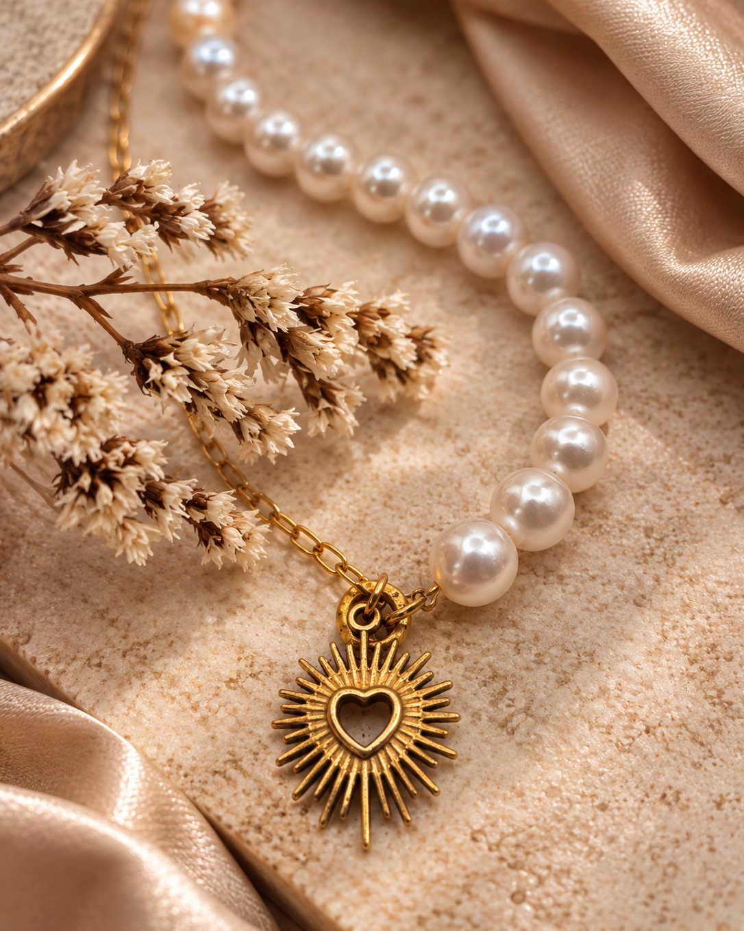 Detail van Golden Dawn parelketting met goudkleurig zonnehart