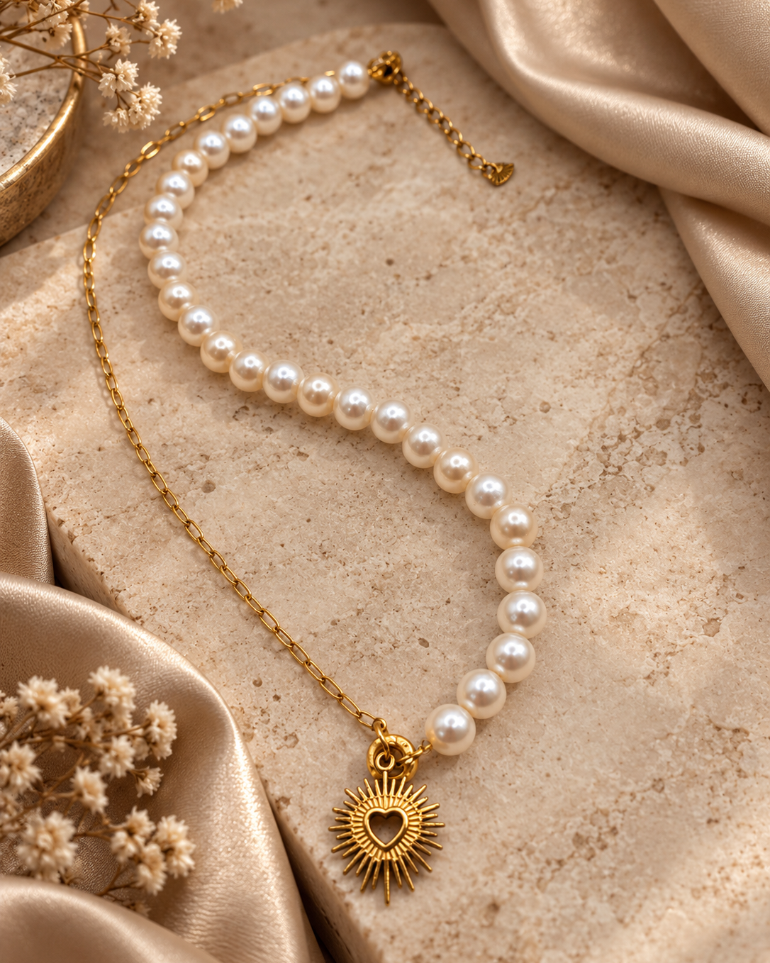 Golden Dawn parelketting met goudkleurig zonnehart