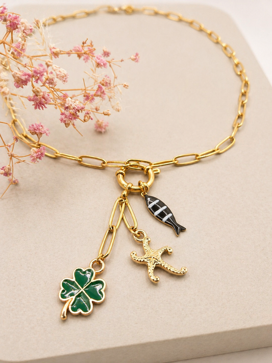 Gouden bedel schakelketting met visje, klaver & zeester – zomers / boho – 48 cm