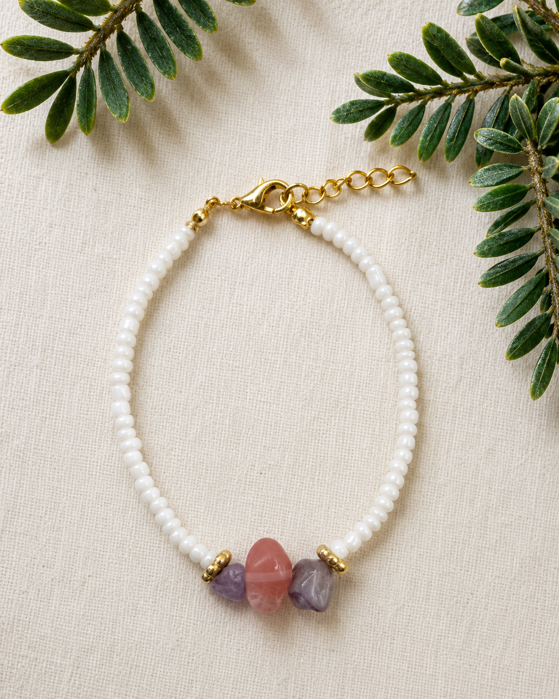 Prachtige armband met rozenkwarts & amethist - subtiel en elegant